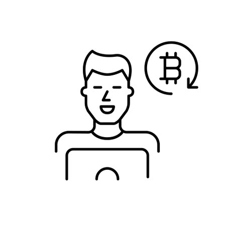 Man at laptop and bitcoin in refresh arrow. Cryptocurrency trading or mining. Wallet reload, asset management. Pixel perfect, editable stroke vector iconのイラスト素材