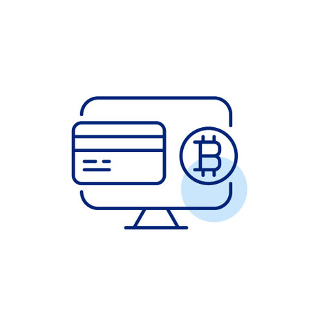 Computer monitor, bitcoin and credit card. Currency exchange, crypto wallet payment and transactions. Pixel perfect, editable stroke vector iconのイラスト素材