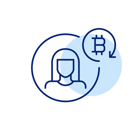 Woman avatar and bitcoin in renew arrow. Crypto wallet user, synchronization and automation. Pixel perfect, editable stroke vector iconのイラスト素材