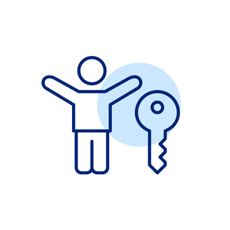 Stick figure with arms raised up in happy gesture and key. Moving houses, home owner. Real estate shopping. Pixel perfect, editable stroke vector iconのイラスト素材
