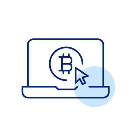 Laptop, bitcoin and mouse click. Cryptocurrency workstation. Secure account access. Pixel perfect, editable stroke vector iconのイラスト素材