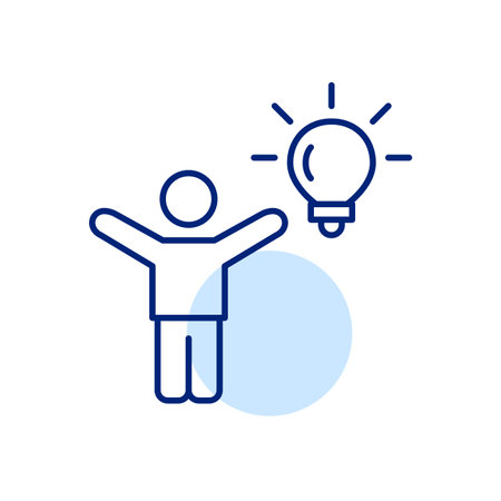 Stick figure with arms raised up and light bulb. Innovation, inspiration and use of new technologies. Pixel perfect, editable stroke vector iconのイラスト素材