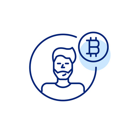 Crypto user avatar. Young man with beard and bitcoin symbol. Blockchain access, investment and trading. Pixel perfect, editable stroke vector iconのイラスト素材