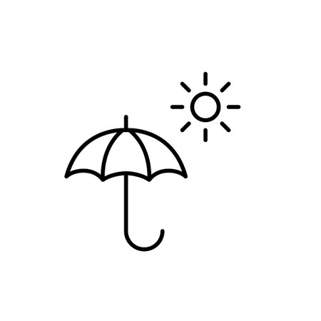 Open umbrella and sun. SPF protection, all weather comfort and security. Pixel perfect, editable stroke vector iconのイラスト素材