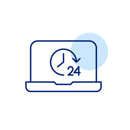 Laptop with clock and 24 hour symbol. Constant connectivity and reliability, continuous access, always on workflow. Pixel perfect, editable stroke vector iconのイラスト素材