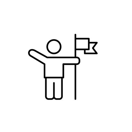 Stick figure with arm raised up and flag. Important milestone or goal achieved. Personal and business success. Pixel perfect, editable stroke vector iconのイラスト素材