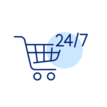 24 7 shopping cart. All hours marketplace, round the clock store. Pixel perfect, editable stroke vector iconのイラスト素材