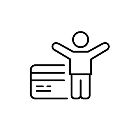 Credit card and person with arms raised up. Premium banking, easy payments and finances. Pixel perfect, editable stroke vector iconのイラスト素材