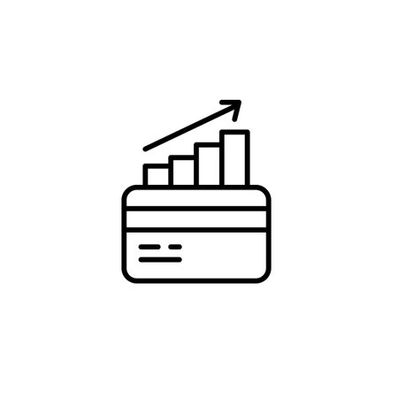 Credit card with growing statistics bars and arrow up. Financial growth and success. Cash back and deposit interest. Pixel perfect, editable stroke vector iconのイラスト素材