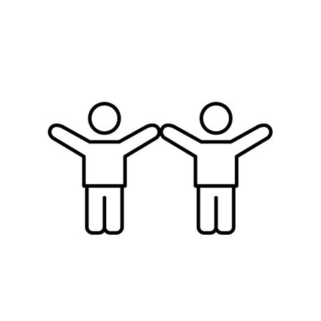 Two stick figures with arms raised up. Joy and compassion, community support and teamwork. Pixel perfect, editable stroke vector iconのイラスト素材