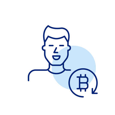 Smiling man and bitcoin symbol in refresh arrow. Crypto-enabled user account. Online payment and finances. Pixel perfect, editable stroke vector iconのイラスト素材