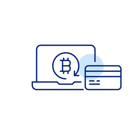 Laptop, credit card and bitcoin in refresh arrow. Crypto wallet reload, payment and digital financial transactions. Pixel perfect, editable stroke vector iconのイラスト素材