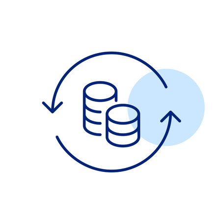 Stack of coins and renew arrows. Profits reinvestment, financial prosperity, recurring monetary growth. Pixel perfect, editable stroke vector iconのイラスト素材