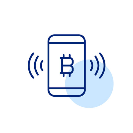 Smartphone with bitcoin and wi-fi symbols. Cryptocurrency wallet and payment. Pixel perfect, editable stroke vector iconのイラスト素材