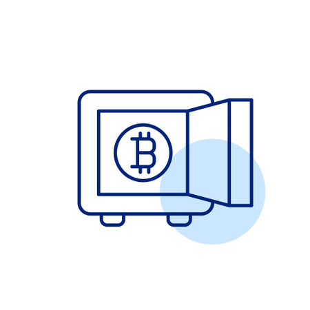 Safe box vault with bitcoin symbol. Security of digital wealth. Cryptocurrency investment. Pixel perfect, editable stroke vector iconのイラスト素材