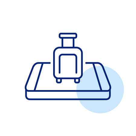 Wheeler suitcase on isometric phone. Travel apps, booking flights or hotels at one click. Pixel perfect, editable stroke vector iconのイラスト素材