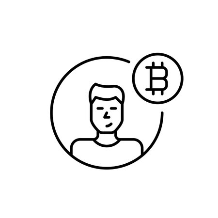 Crypto user avatar. Young man and bitcoin symbol. Blockchain access, investment and trading. Pixel perfect, editable stroke vector iconのイラスト素材