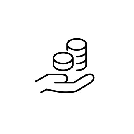 Stacks of coins in hand. Personal finances management, investment and business growth. Pixel perfect, editable stroke vector iconのイラスト素材