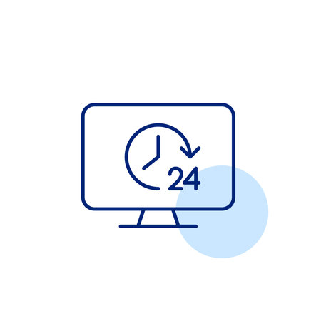 Computer monitor with clock and 24 hour symbol. Constant connectivity, digital hub, data backup. Pixel perfect, editable stroke vector iconのイラスト素材
