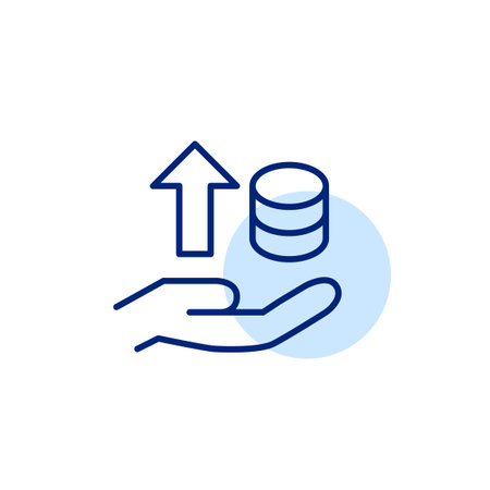 Coins, arrow up and hand. Successful personal finances management. Wealth, prosperity and investment growth. Pixel perfect, editable stroke vector iconのイラスト素材
