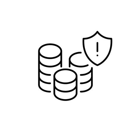 Stacks of coins, security shield and exclamation mark. Safety warning, financial danger alert. Pixel perfect, editable stroke vector iconのイラスト素材