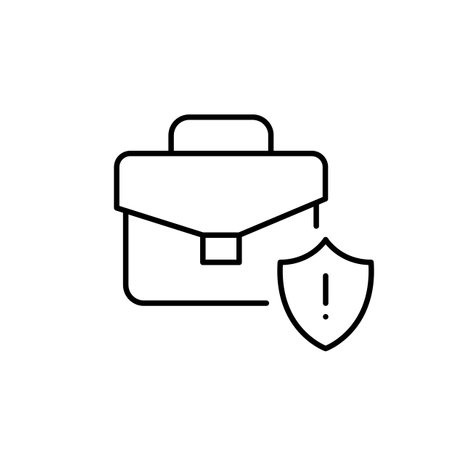 Briefcase, security shield and exclamation mark. Investment portfolio critical alert. Potential danger warning. Pixel perfect, editable stroke vector iconのイラスト素材