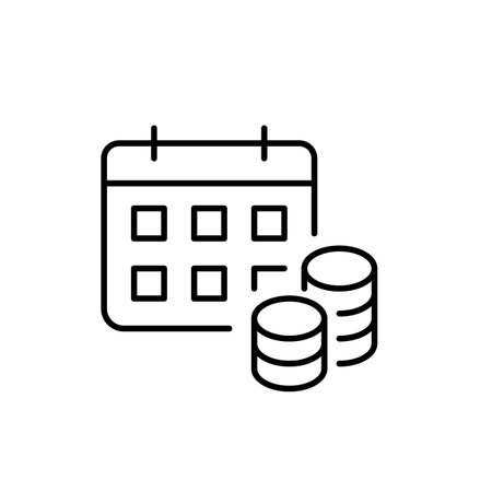 Calendar and coins. Budget planning, payout or payment schedule. Business and finances. Pixel perfect, editable stroke vector iconのイラスト素材