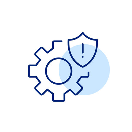 Cogwheel, security shield and exclamation mark. Critical system error alert. Safety breach, configuration problem. Pixel perfect, editable stroke vector iconのイラスト素材