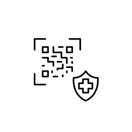 Qr code, health insurance shield. Scan to access medical care. Pixel perfect, editable stroke vector iconのイラスト素材