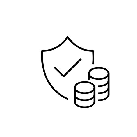 Security shield with checkmark and coins stack. Protected savings. Pixel perfect, editable stroke vector iconのイラスト素材