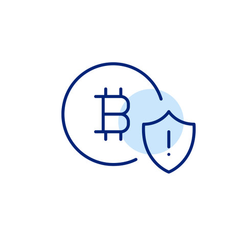 Bitcoin and security shield with exclamation mark. Concerns over Bitcoin safety. Potential danger alert. Pixel perfect, editable stroke vector iconのイラスト素材