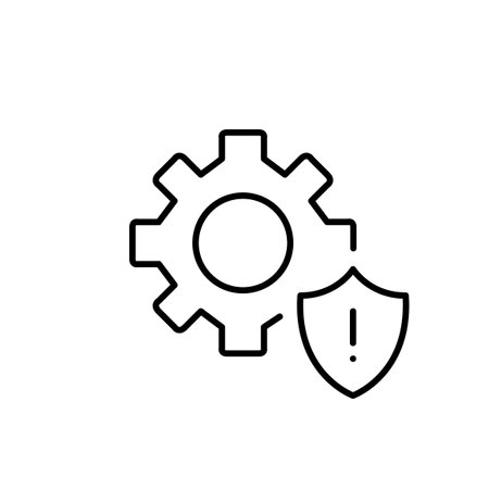 Cogwheel, shield and exclamation mark. Critical settings notification. Maintenance warning, danger alert. Pixel perfect, editable stroke vector iconのイラスト素材