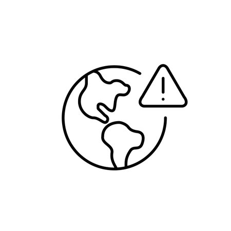 Earth, exclamation mark in triangle. Global risks. Worldwide problems and warning alerts. Pixel perfect, editable stroke vector iconのイラスト素材