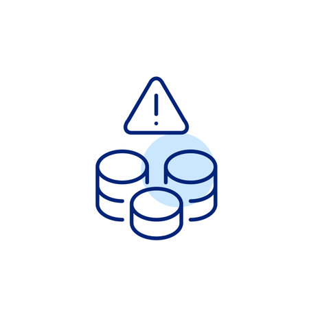 Stack of coins, alert message. Exclamation mark in triangle. Financial warning, monetary transactions danger. Pixel perfect, editable stroke vector iconのイラスト素材