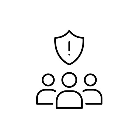 Group of people, shield and checkmark. Security alert, hazard warning. Pixel perfect, editable stroke vector iconのイラスト素材