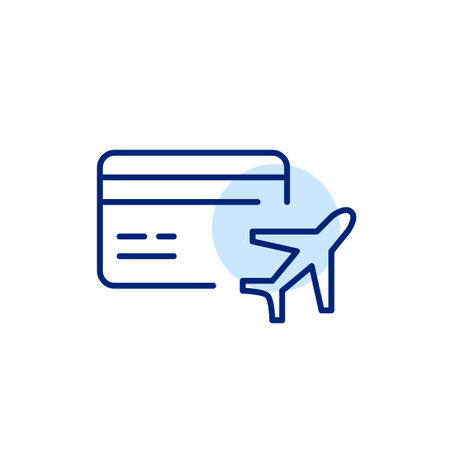 Credit card and airplane. Airline bonus, global payment on the go, flexible travel. Multiple currency accounts. Pixel perfect, editable stroke vector iconのイラスト素材