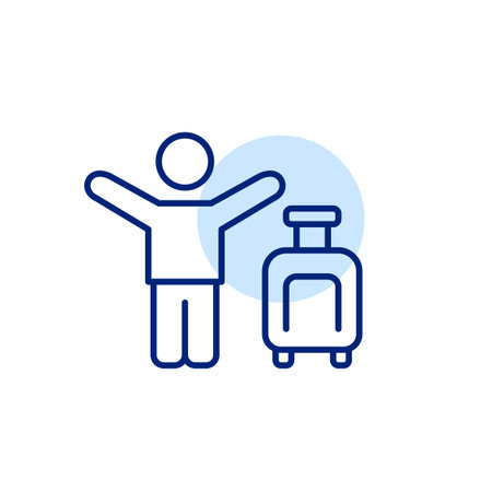 Stick figure with arms raised up and wheeler suitcase. Happy tourists, ready for holidays. Vacation joy and adventure. Pixel perfect, editable stroke vector iconのイラスト素材