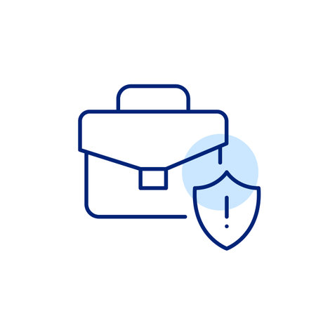 Briefcase, security shield and exclamation mark. Investment portfolio critical alert. Potential danger warning. Pixel perfect, editable stroke vector iconのイラスト素材
