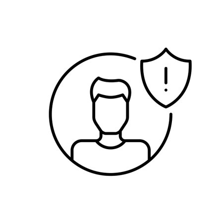 Male user avatar, insurance shield and exclamation mark. Critical profile notification, compromised accounts or suspicious activity. Pixel perfect, editable stroke vector iconのイラスト素材