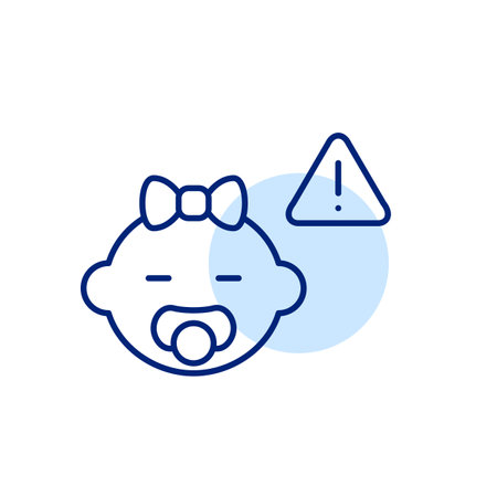 Happy baby girl with pacifier and hazard symbol. Exclamation mark in triangle. Child friendly warning and safety caution. Pixel perfect, editable stroke vector iconのイラスト素材