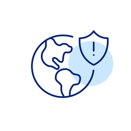 Earth and insurance shield with exclamation mark. Global risk alert, environmental hazard. Pixel perfect, editable stroke vector iconのイラスト素材