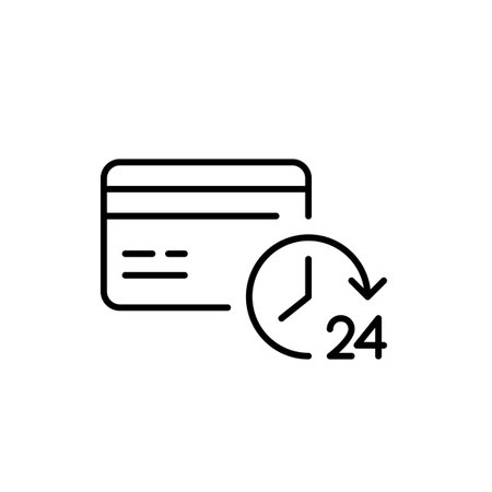 Credit card and 24 hours symbol. Constant customer support, online banking. Pixel perfect, editable stroke vector iconのイラスト素材