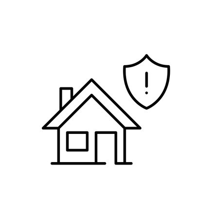 House and security shield with exclamation mark. Home insurance, maintenance alerts. Pixel perfect, editable stroke vector iconのイラスト素材