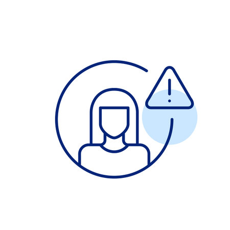 Female user avatar and triangle with exclamation mark. Account safety alert, hazard warning. Pixel perfect, editable stroke vector iconのイラスト素材