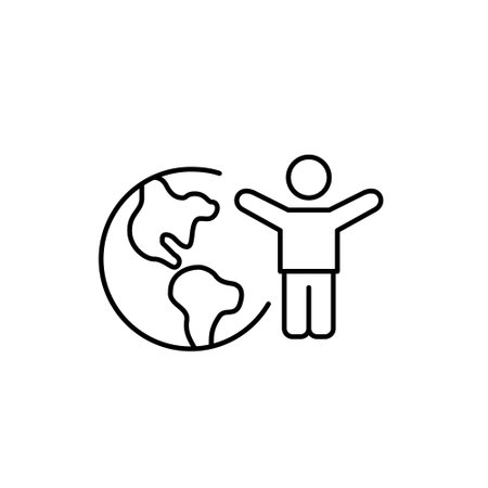 Stick figure with arms raised up and Earth. Global impact, eco conscious community effort, planet protection. Pixel perfect, editable stroke vector iconのイラスト素材