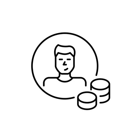 Young man avatar and stacks of coins. Individual finances management, account balance and user earnings. Pixel perfect, editable stroke vector iconのイラスト素材
