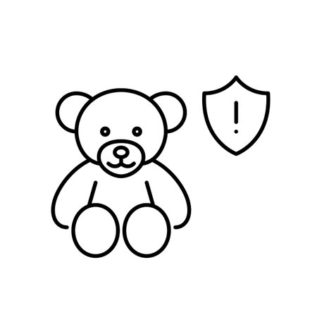 Stuffed bear. Baby toy and insurance shield with exclamation mark. Child-safe environment, potential hazard alert. Pixel perfect, editable stroke vector iconのイラスト素材
