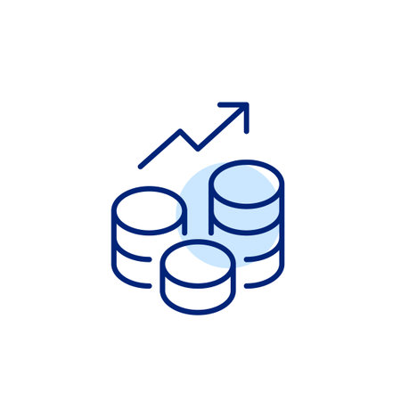 Stacks of coins and growing chart. Success in investment, wealth and finance management. Pixel perfect, editable stroke vector iconのイラスト素材