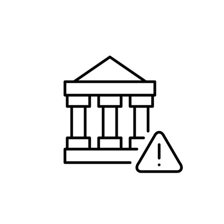 Bank and triangle with exclamation mark. Banking safety alert, financial protection. Pixel perfect, editable stroke vector iconのイラスト素材