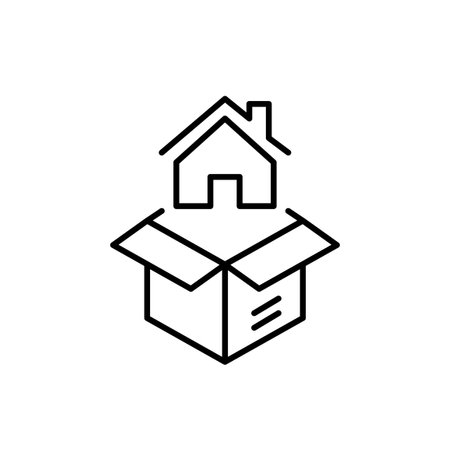 House coming out of open parcel box. Ready to move real estate. Pixel perfect, editable stroke vector iconのイラスト素材